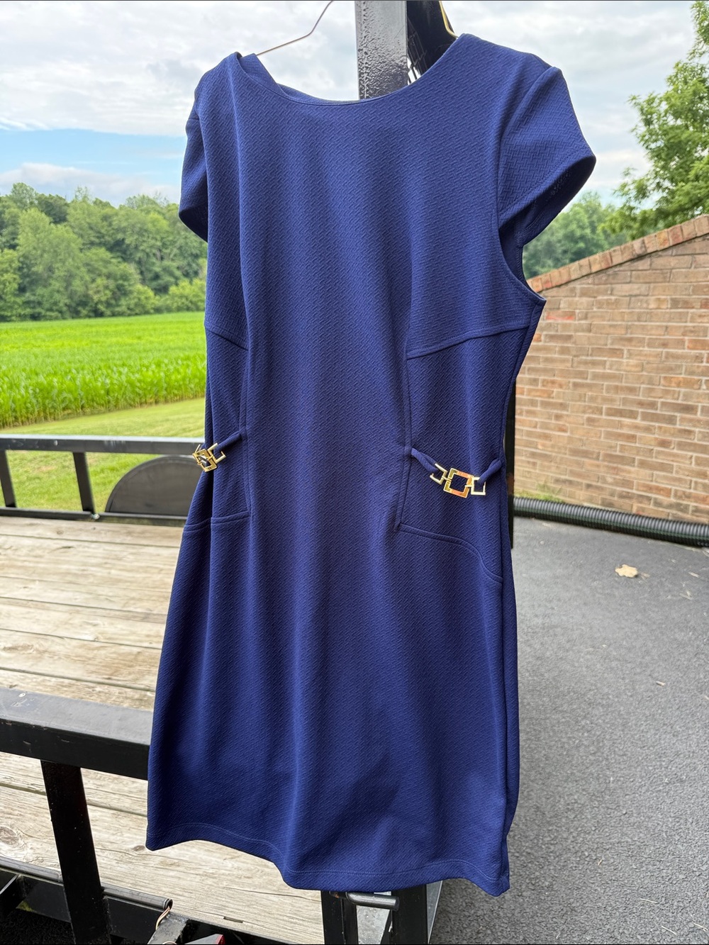 karin stevens Navy Blue Short Sleeve Midi Dress with Gold Accents